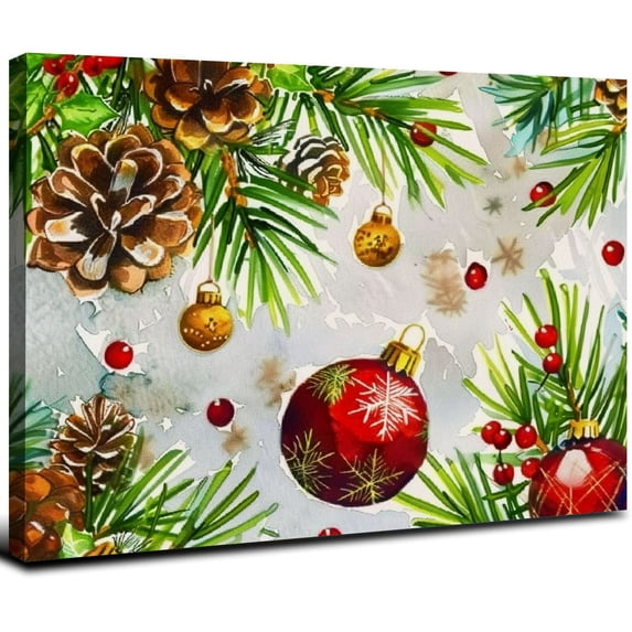 Acheng Canvas Wall Art Painting Christmas Pattern Watercolor Cedar Tree Pine Cone Holly Berry Home Decorative Artwork Prints 20x16inch