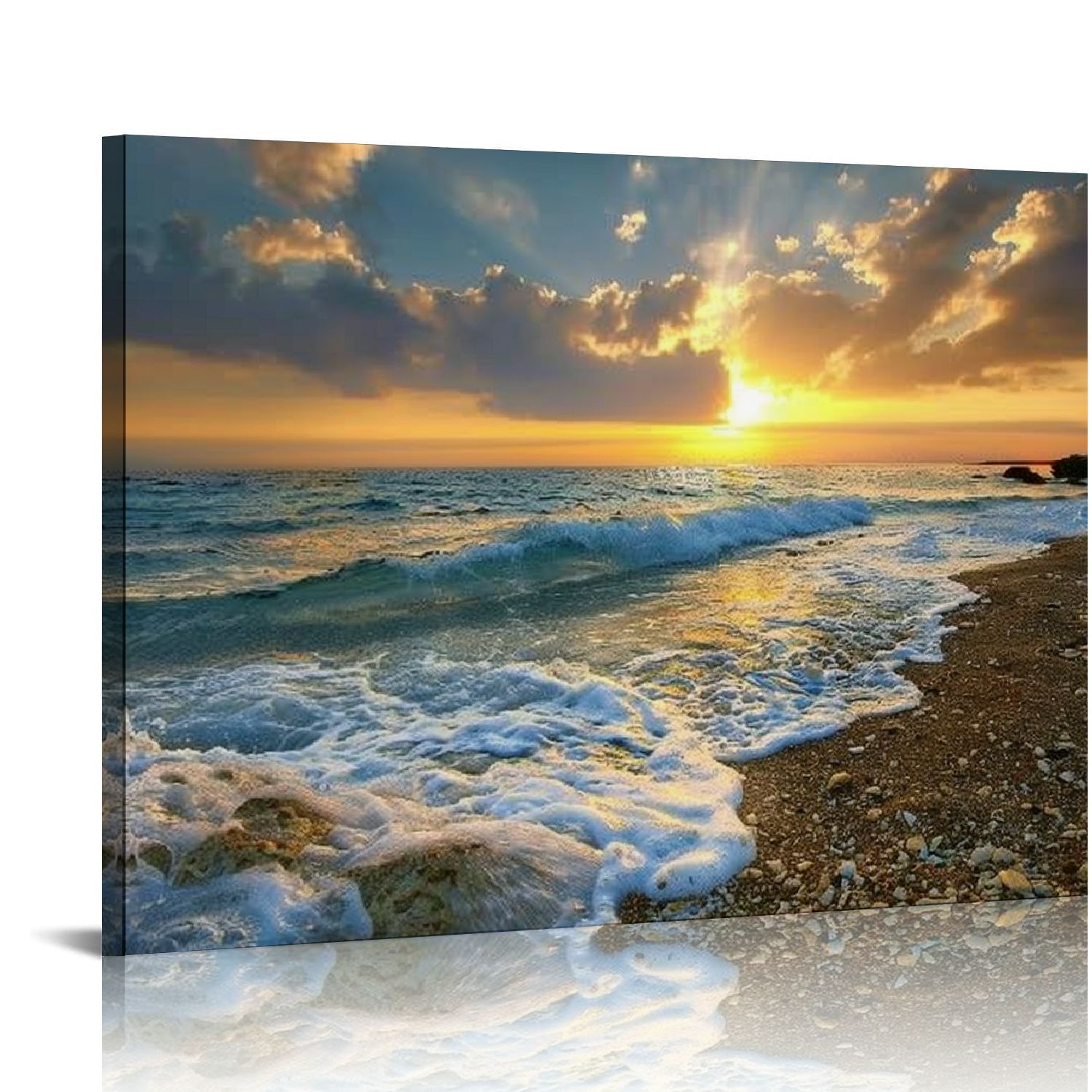 Acheng Canvas Wall Art Sunset Beach Blue Waves Ocean Art Large Modern ...