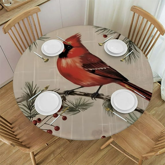 Acheng Cardinal Bird Berries Winter Round Tablecloth Great for Home Kitchen Parties Holiday Dinner 100% Polyester Fiber 31-35