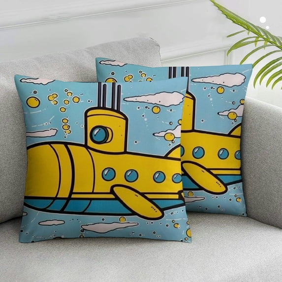 Acheng Cartoon Submarine, 2PCS Linen Throw Pillow Covers,Ocean Underwater Bubbles Porthole,Square Pillowcases Decorative Cushion Case for Sofa,White Yellow White