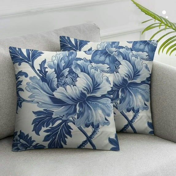 Acheng Chinese Style Chinoiserie Blue and White Porcelain Floral Pillow Covers Farmhouse Canvas Cushion Covers Outdoor for Couch Chair Home Decor for Family Friends 2pcs 20x20in