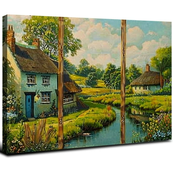 Acheng Country Landscape Canvas Wall Art Window View of Rural Valley Scenery Wall Decor Nature Countryside Prints Pictures Rustic Farmhouse Artwork Bedroom Office Home Decoration 16x12inch