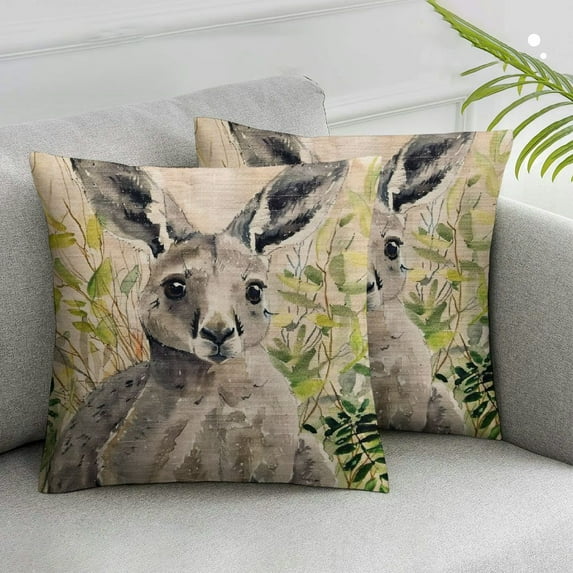 Acheng Cute Animal Throw Pillow Covers Grey Kangaroo with Green Leaves Decorative Pillow Cases Home Room Decor Throw Pillows Cushion Cover 2pcs White