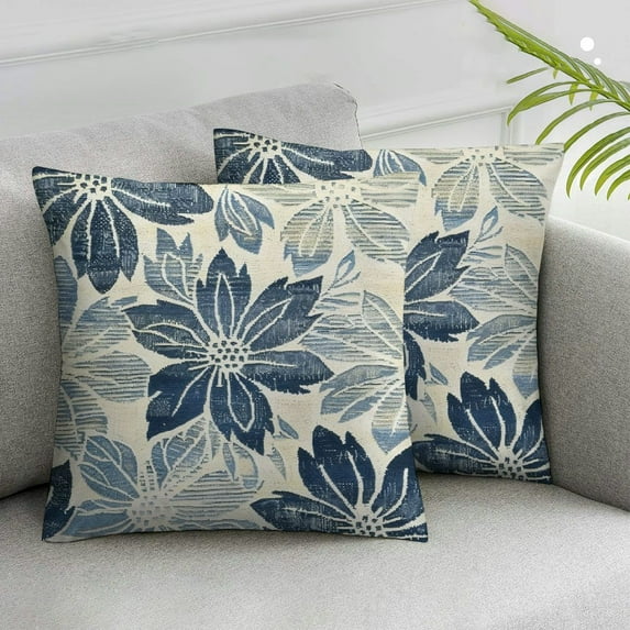 Acheng Dahlia Pillow Covers Summer Rust Geometric Flower Outdoor Decorative Throw Pillows Farmhouse Navy Blue Pillow Case Square Cushion Cover for Home Sofa Living Room,Set of 2 White