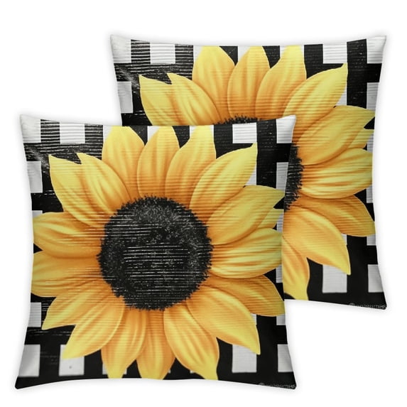 Acheng Decorative Sunflower Pillow Cover Yellow Black Buffalo Plaid Throw Pillow Cover Set of 2 Farmhouse Sunflower Decor for Home Outdoor Sofa Couch, fall flower pillow case (no Insert) 12x12in