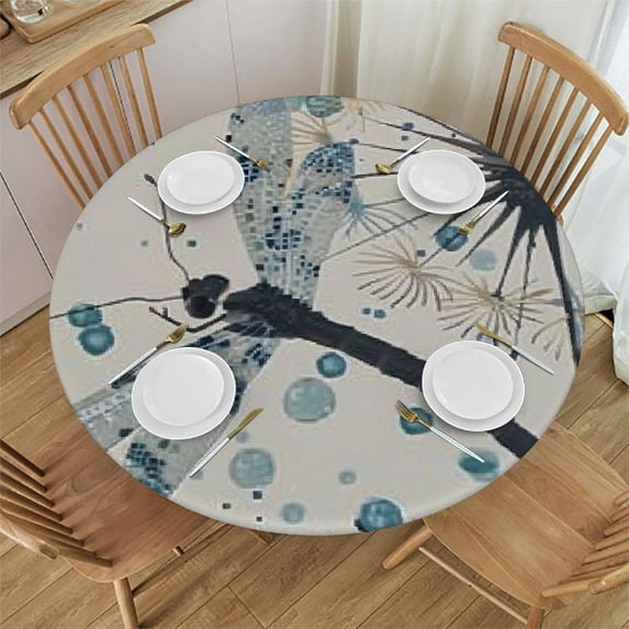 Acheng Elegant Flower and Dragonfly Round Tablecloth Washable Table Cover Table Cloth for Kitchen Daily Dinning Party Tabletop Decor 44x44in