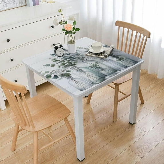 Acheng Eucalyptus Branches, White Flowers Square Fitted Tablecloth 100% Polyester Fiber 36*36