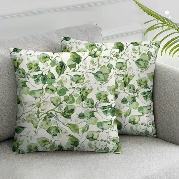 Acheng Eucalyptus Leaf Throw Pillow Covers - Seasonal Tropical Green Leaves Branches Plants Decorative Pillowcases for Couch Cushion Farmhouse Bedroom Sofa Outdoor Decor, Set of 2 White