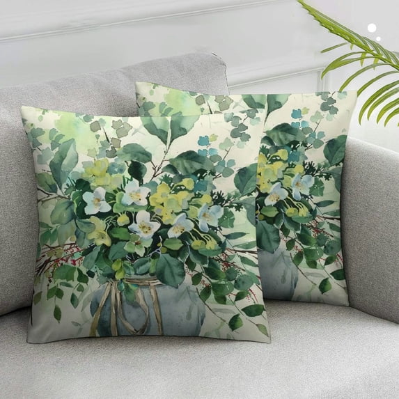 Acheng Eucalyptus Leaves Throw Pillow Covers Spring Watercolor Green Leaf Vase Decorative Couch Pillow Cases Set of 2 for Living Room Bedroom Bed Outdoor Home Decor White