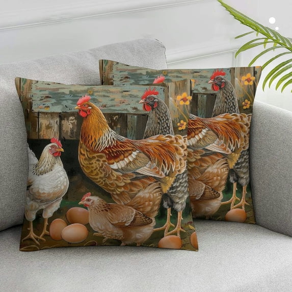 Acheng Farm Animals Roosters Pillow Cover Vintage Rustic Farmhouse Watercolor Bright Rooster Chicken Hen Eggs Pillow Cases Cushion Cover for Home Sofa Couch 2 pcs White
