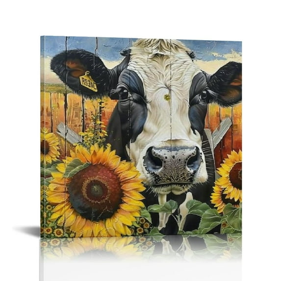 Acheng Farmhouse Cow Wall Art Country Cow Pictures Wall Decor Sunflower and Cow Animal Painting Canvas Print Framed Artwork Rustic Cow Wall Decor for Kitchen Bathroom Living Room Home Decor 16x16 in