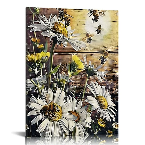 Acheng Farmhouse Floral Bee Wall Art Rustic Daisy Pictures Wall Decor Country Flower Canvas Painting Artwork Home Decorations for Bathroom Bedroom Living Room Office Framed 16x20 in