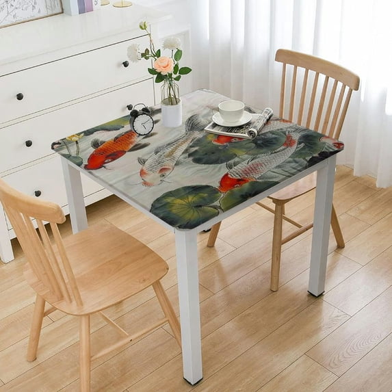 Acheng Fish Lily Pads Detailed Painting Square Tablecloth Washable for Home Kitchen Outdoor Decoration 100% Polyester Fiber 52*52