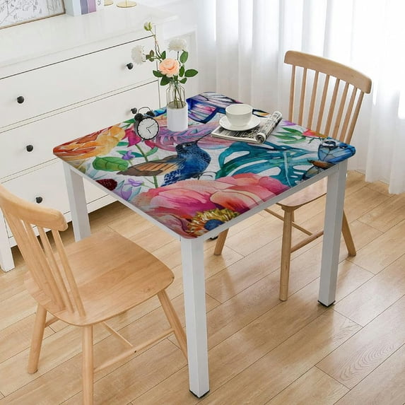 Acheng Flower Bird Butterfly Square Tablecloth with Elastic Edge 100% Polyester Fiber 36*36