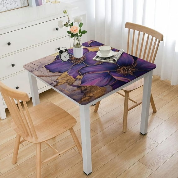 Acheng Flowers Purple Gold Square Tablecloth Outdoor Fitted 100% Polyester Fiber 52*52