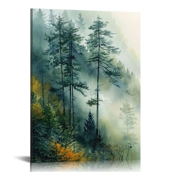 Acheng Framed Canvas Wall Art Green & Teal Watercolor Forest Pine Trees Nature Wilderness Photography Realism Decorative Rustic Cozy Zen for Living Room, Bedroom, Office 16x20 in
