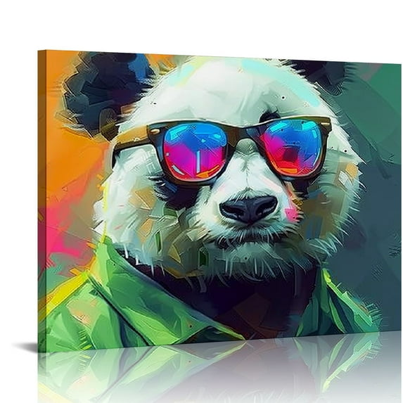Acheng Funny Animal Canvas Wall Art, Colorful Panda Wearing Glasses Painting Picture Cute Animal Graffiti Poster Print for Bathroom Dining Room Decor pattern1