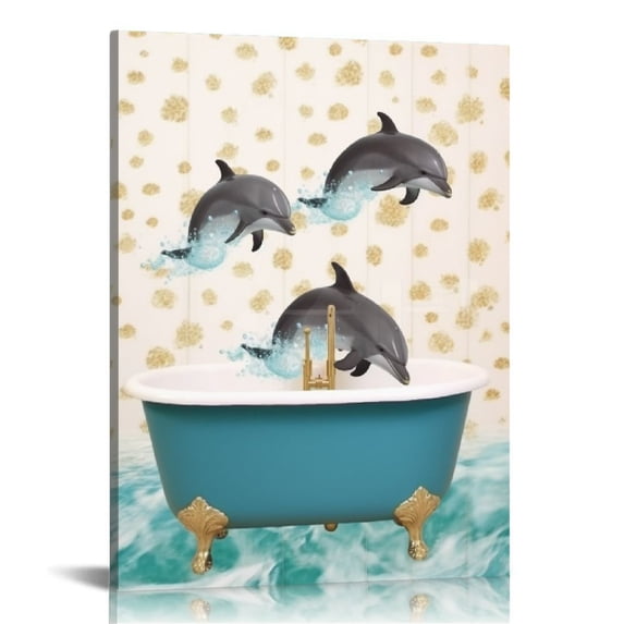 Acheng Funny Bathroom Wall Art,Dolphins in Bathtub Wall Art,Adorable Dolphin Bathroom Canvas Print Artwork,for Kids Bathroom Wall Decor 12x16 in