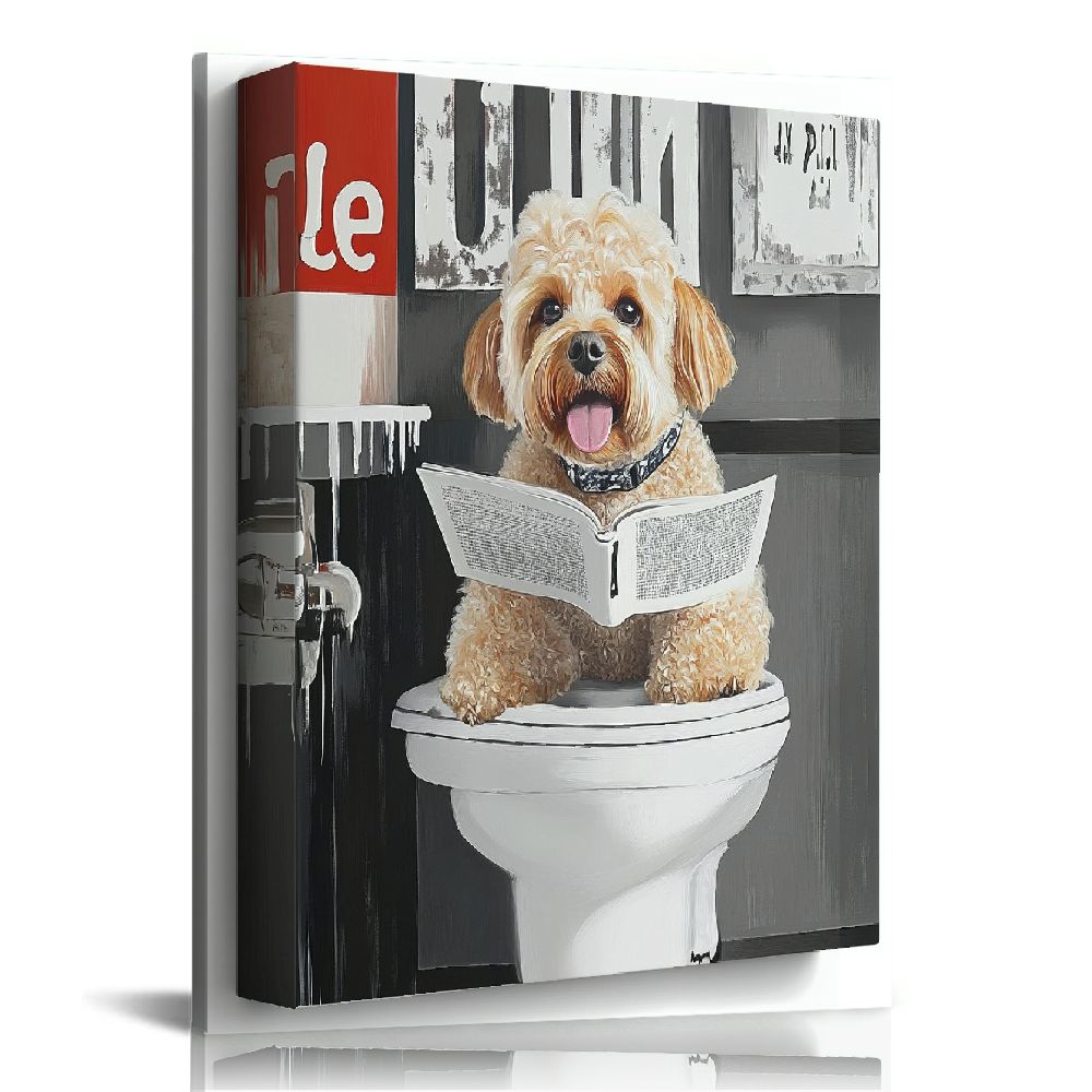 Acheng Funny Dog Sitting in Toilet Bathroom Decor Wall Art Black and ...
