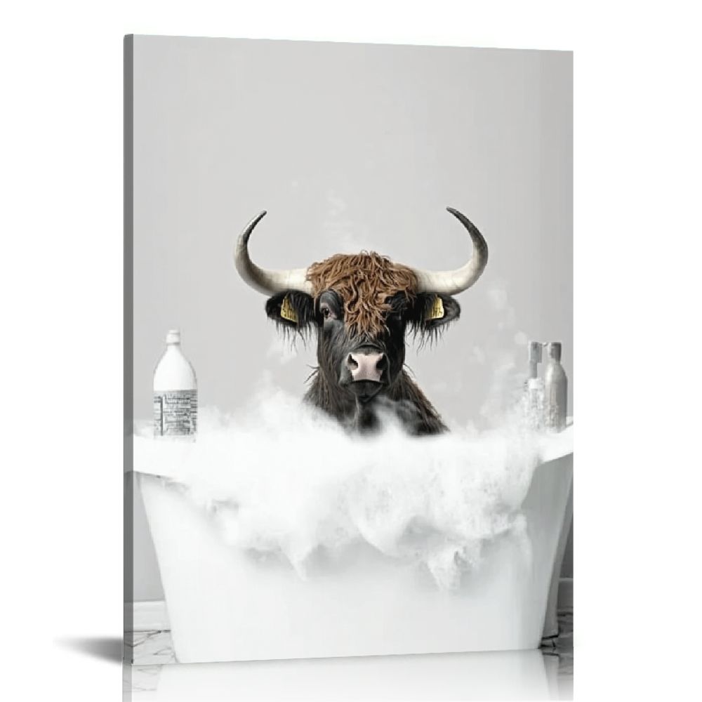 Acheng Funny Highland Cow Bathroom Canvas Wall Art Black and White ...