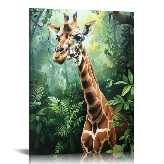 Acheng Giraffe In The Green Forest Printed Canvas Wall Art, Ready to Hang 12x16 in