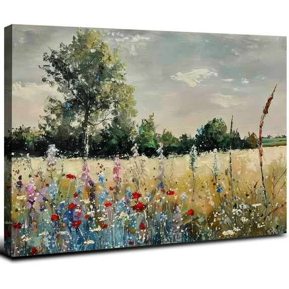 Acheng Gold Framed Vintage Wall Art Classical French Landscape Wildflowers Botanical Painting Canvas Print Kitchen Living Room Wall Decor (Champ Fleuri) 20x16inch
