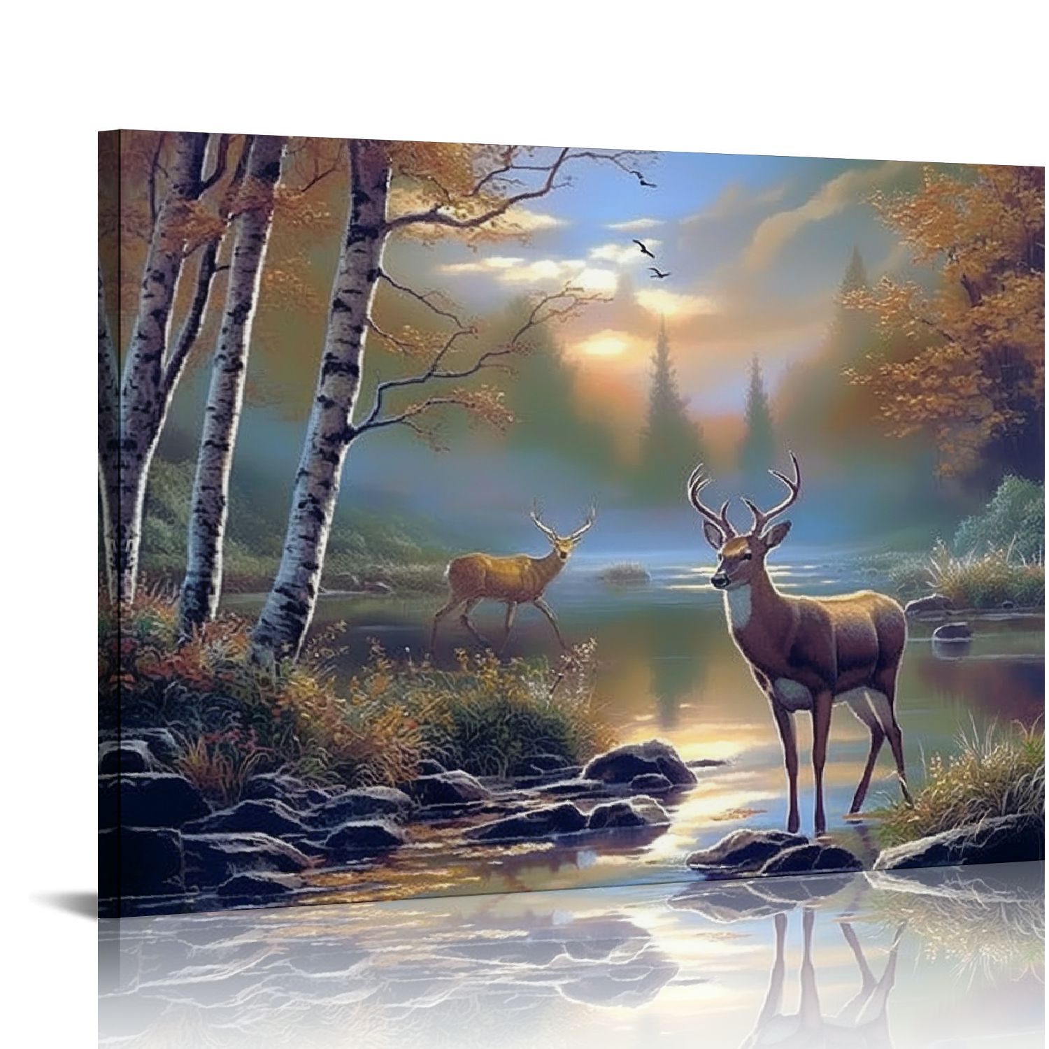 Acheng Gold Framed Vintage Wall Art Landscape Deer Painting Wall Art ...