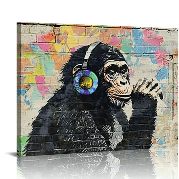 Acheng Graffiti Wall Decor Banksy Canvas Wall Art Print Dj Thinking Monkey with Headphones Painting Artwork Pop Street Graffiti Poster Framed Colorful Picture for Home Music