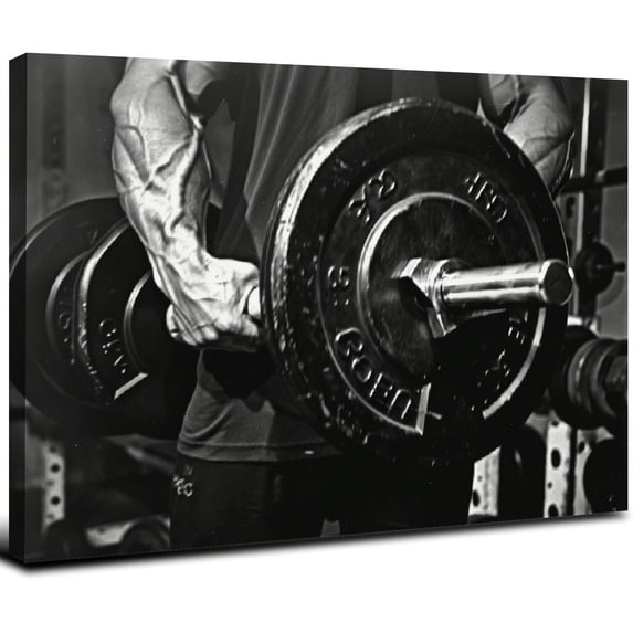 Acheng Gym Canvas Wall Art Barbell Painting Prints Black White Sport Picture Framed Ready to Hang 20x16inch
