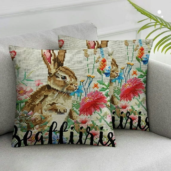 Acheng Happy Easter Religious Bunny Eggs Flower Mason Jar Decorative Throw Pillow Covers 2pcs, He is Risen Cross Blessing Christian Cushion Case Decor, Floral Stripes Couch Decoration White