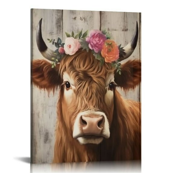 Acheng Highland Cow Canvas Wall Art Farmhouse Animal Picture Wall Decor, Funny Cow Flower Painting Poster Mural for Bedroom 16x20 in