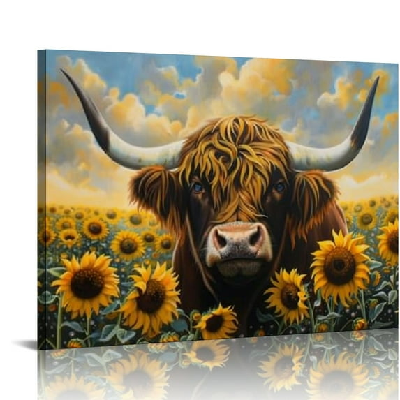 Acheng Highland Cow Sunflower Wall Art Scottish Cow Poster Picture Sunflower Flowers Field Canva Print Cute Farm Cow Painting For Living Room Bedroom Home Office Wall Decor Framed 16x12in