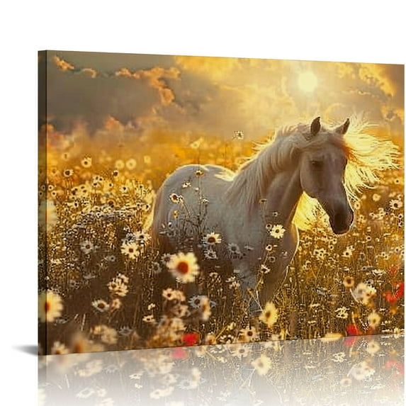 Acheng Horse Wall Art White Horse Pictures Wall Décor Country Field Horse Canvas Print Painting Artwork Home Decoration for Living Room Bedroom Bathroom Office Framed 16x12in