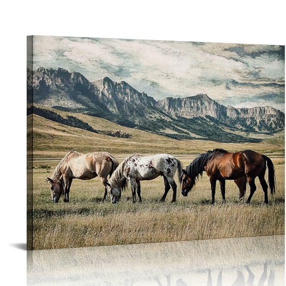 Acheng Horses Framed Wall Art Decor: The Small Size Western Farmhouse Wooden Picture Vintage Rustic Painting Wild Animals Walking in the Vast Grassland Artwork for Living Room 16x12in
