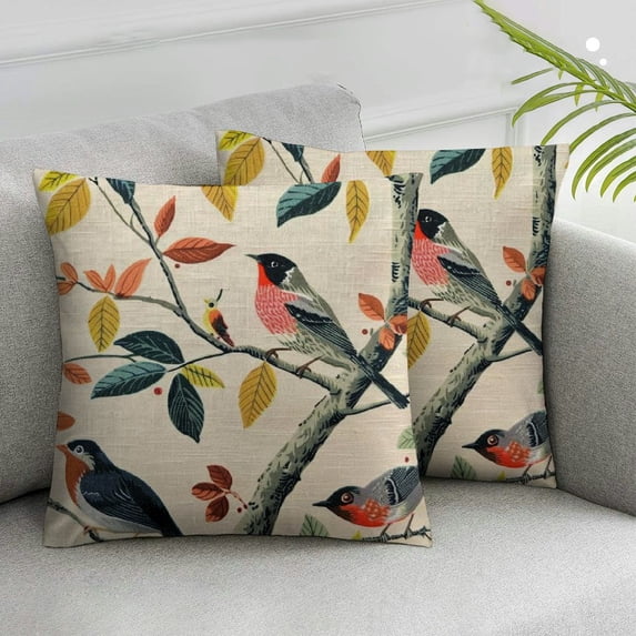 Acheng  Ink Painting Watercolor Brown Tree Branch Leaves Colorful Lovely Birds Decorative Throw Pillow Cover Case&nbsp;Set of 2 Home Living Room Bed Sofa Car White
