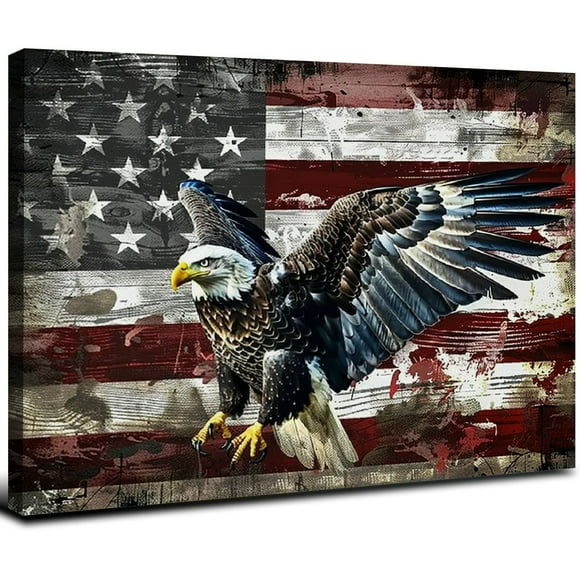 Acheng Large American Flag Bald Eagle Canvas Wall Art us Flag Art Eagle Decor Artwork Picture Decorations Framed Canvas Paintings HD Prints Home Decor, Ready to Hang 20x16inch
