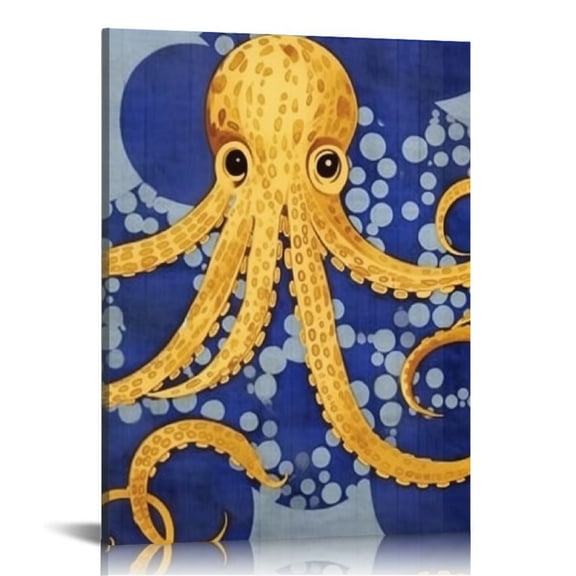 Acheng Large Octopus Canvas Wall Art Abstract Marine Life Painting Prints Blue and Grey Sea Animal Picture Poster Framed Vintage Home Living Room Wall Decoration Ready to Hang 16x20 in