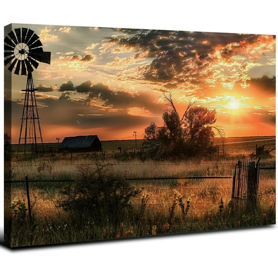 Acheng  Large Size Wall Art Rural Landscape Pictures Decor Farmhouse Windmill at Sunset Scenery Photograph Canvas Print Vintage Farm Decoration 16x12inch