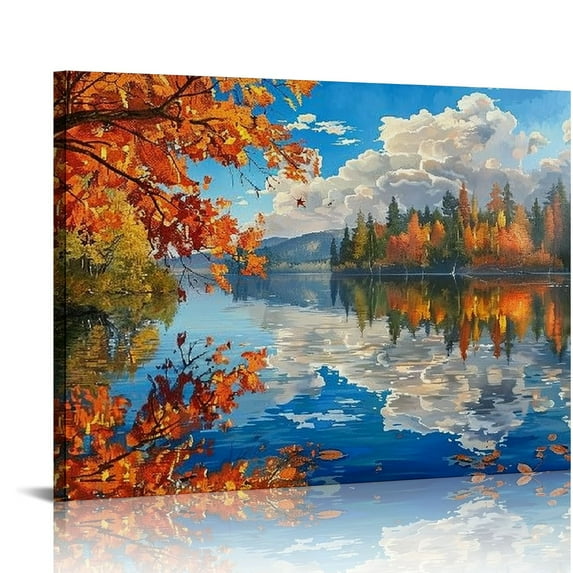 Acheng Large Wall Art for Living Room Bedroom Office Decor Framed Nature Pictures Autumn Landscape Lake Blue Sky and Forest Canvas Painting Print Art for Home Farmhouse Decoration with Frame picture 3
