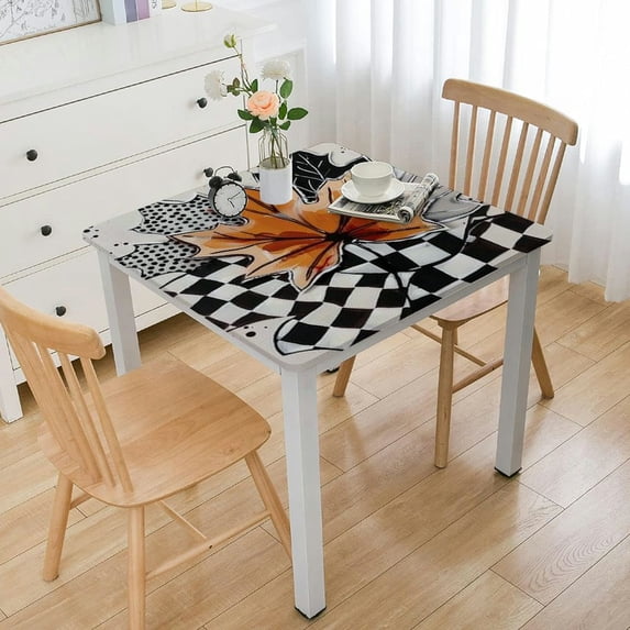 Acheng Leaf Polka Dot Design Black and White Checkered Ribbon Table Cover 100% Polyester Fiber 46*46