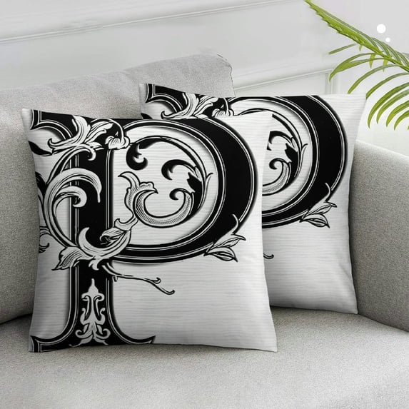Acheng Letter P Throw Pillow Cushion Cover, Floral Swirls Essence Blooms Letters Baroque Inspired Initials Design Print, Decorative Square Accent Pillow Case, 2pcs White Black White
