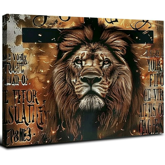 Acheng Lion Wall Art Christian Jesus Cross Bible Verse Pictures Wall Decor Scripture Quotes Canvas Painting Print Artwork Modern Home Decor Framed for Living room Bedroom Bathroom 20x16inch