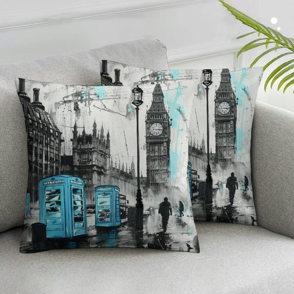 Acheng London Street Landscape Throw Pillow Cover Blue Bus Street Telephone Booth Cushion Cover for Teens Adults Western European Style Soft Cushion Case for Room Couch Decor,2 Pcs White