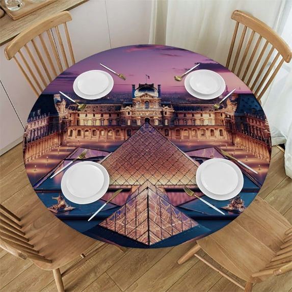Acheng Louvre Pyramid Historical Palace Buildings Night Illumination Round Tablecloth Washable for Home Kitchen Outdoor Decoration 100% Polyester Fiber 42-46
