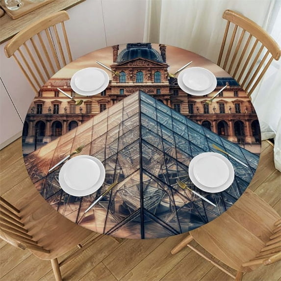 Acheng Louvre Pyramid Sunset Round Tablecloth - Great for Home Kitchen/Parties/Holiday Dinner - 100% Polyester Fiber Table Cover 42-46