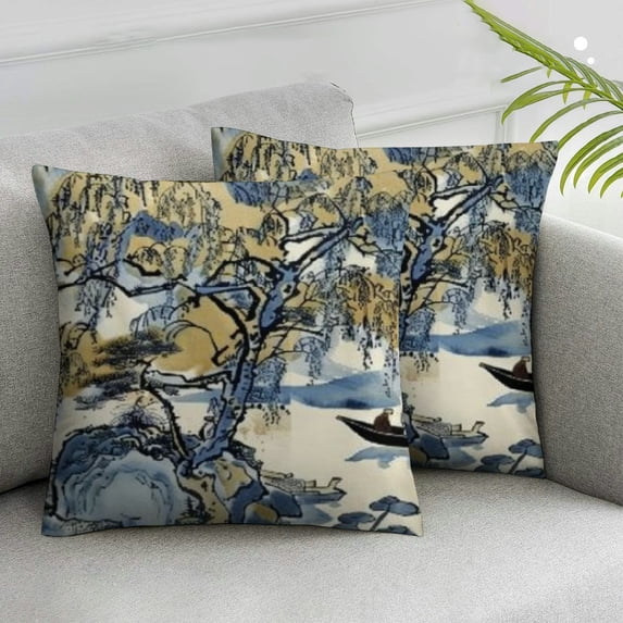 Acheng Lumbar Pillow Case Asian Scenic Blue and Green Cushion Cases Chinoiserie Pagoda Pillow Case Retro Throw Pillow Covers Farmhouse Decorative for Home Sofa Couch Decoration,2 Pcs White