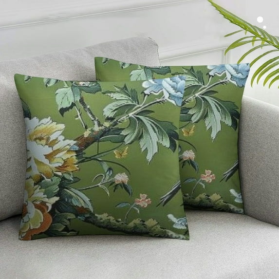 Acheng Lumbar Pillow Cases Pagoda Garden Imperial Green Chinoiserie Pillow Case Asian Peacock Floral Pillow Cover Farmhouse Square Couch Sofa Cushion Covers for Car Patio Sofa Bed Bedding,2 Pcs White