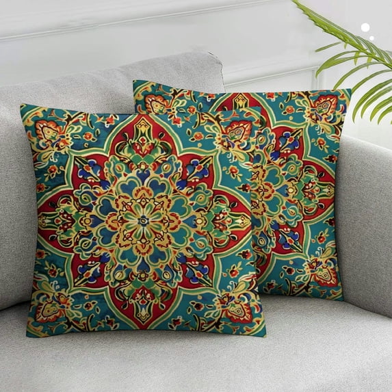 Acheng Mandala Throw Pillow Cushion Cover, Ethnic Themed Pattern of Cultural Style Eastern Medieval Motifs Oriental and Folk Details, Decorative Square Accent Pillow Case, 2 pcs, Teal Indigo White