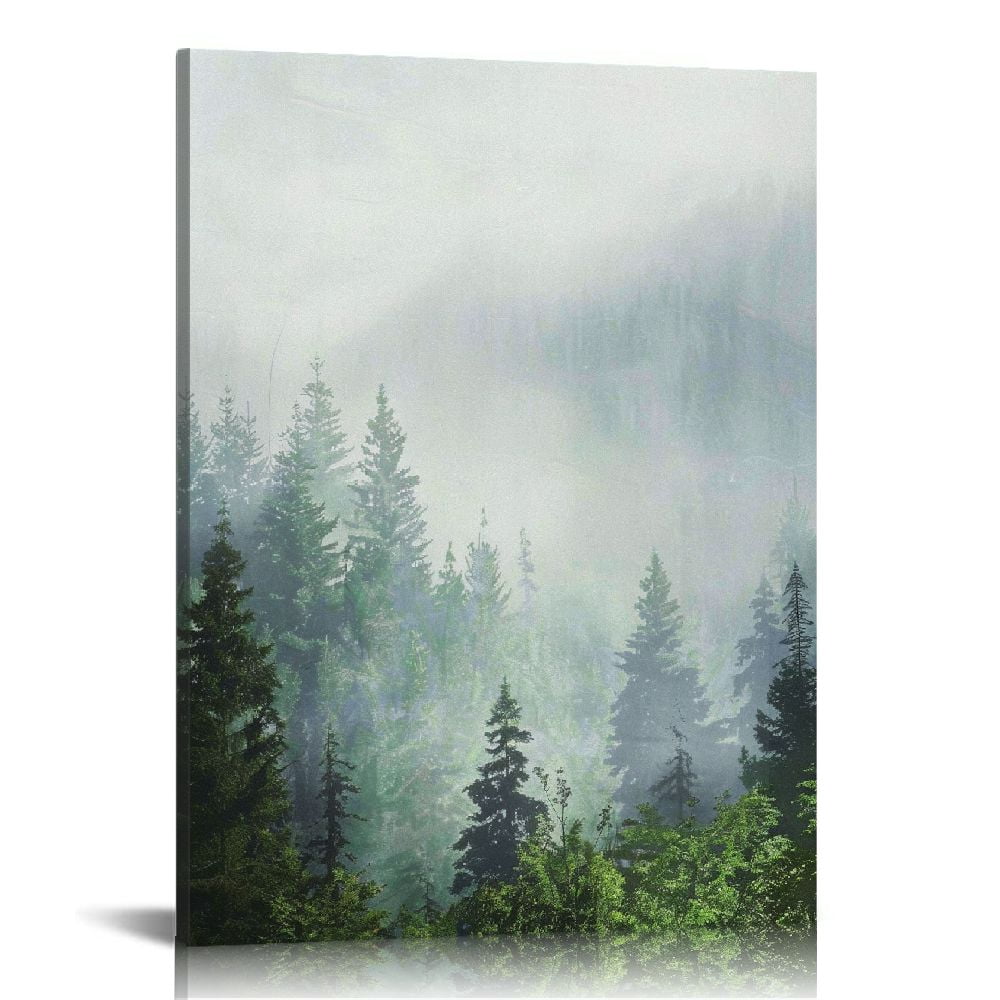 Acheng Misty Green Forest Framed Canvas Wall Art Set, Nature Scenery ...