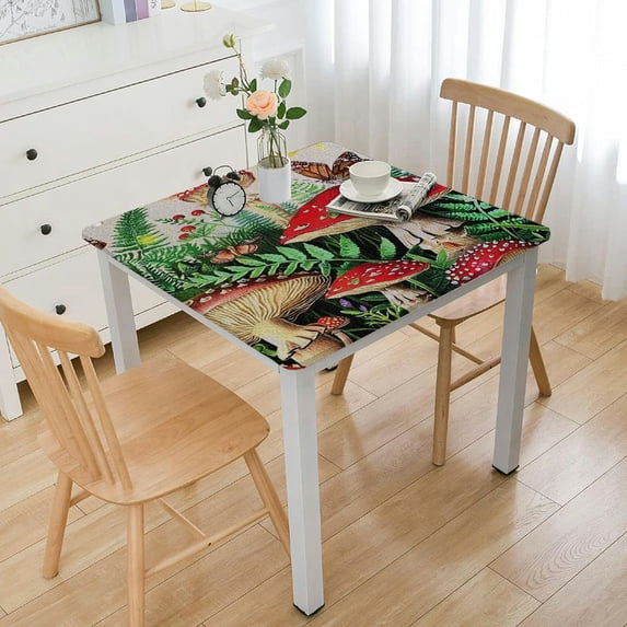 Acheng Mushrooms Ferns Butterfly Square Tablecloth Waterproof Resistant Fabric 100% Polyester Fiber 46*46